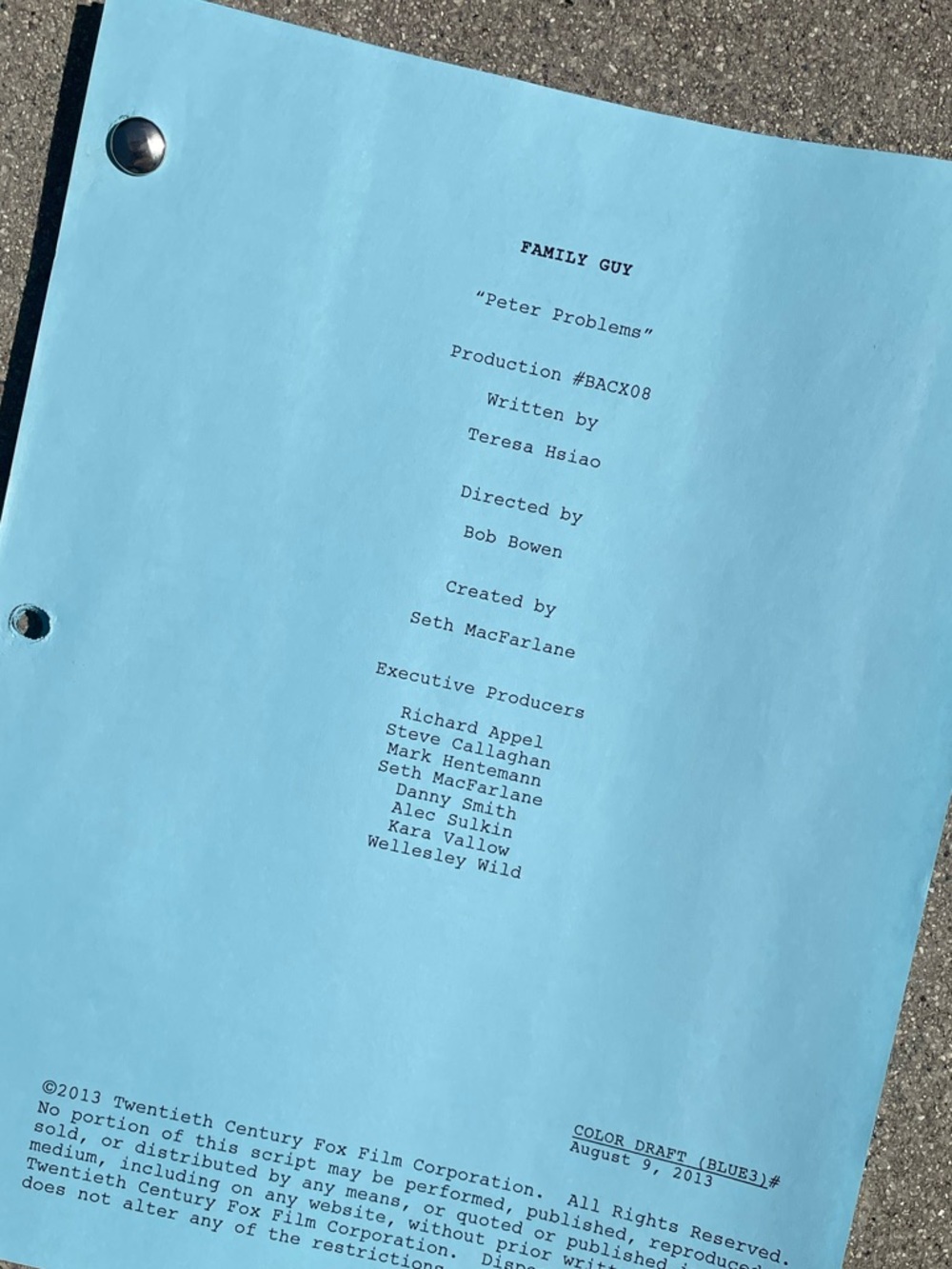 Family Guy 2013 Peter Problems Episode Production Used Blue Color Draft Script